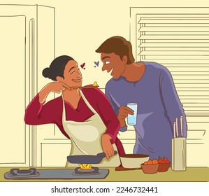 couple cooking together in kitchen, preparing food, good moment of life