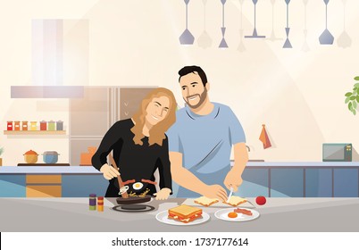 Couple cooking together in kitchen room flat illustration