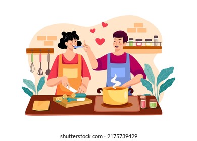 A couple is cooking together on March 8. Woman’s Day Illustration concept