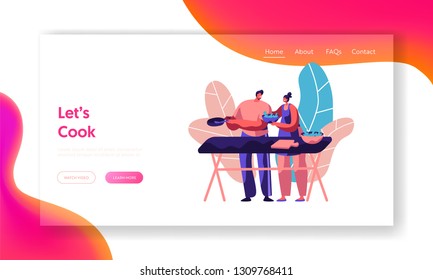 Couple Cooking Together Outdoor Landing Page. Vegetarian Healthy Food Recipe. Male and Female Funny Character Prepare Fresh Salad Website or Web Page. Flat Cartoon Vector Illustration