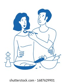 Ein Paar kocht zusammen in der Küche. Vektorillustration-Illustrationsdoodles, Kunstskizzenstil
