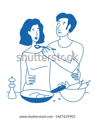 Couple cooks together in the kitchen. Vector illustration doodles, thin line art sketch style concept