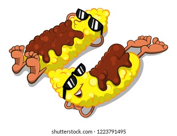 Couple of Corn covered by barbecue sauce and ready for grilled Cartoon Vector