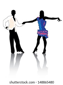 A couple in costumes dancing Latin dances.