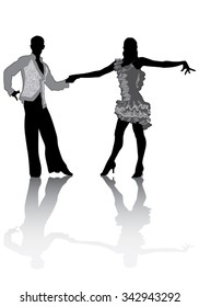 A couple in costumes dancing Latin dances. Silhouettes isolated on a white background.