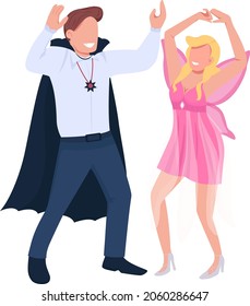 Couple in costumes dancing semi flat color vector characters. Dynamic figure. Full body people on white. Party isolated modern cartoon style illustration for graphic design and animation