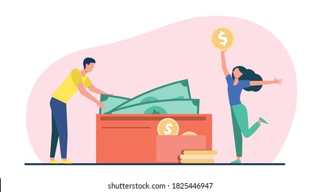 Pareja contando efectivo en cartera. Dinero e ingresos salariales. Ilustración vectorial plana de beneficio. Presupuesto familiar y concepto financiero para banner, diseño de sitio web para página de inicio web