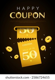 Couple of coupons are being printed from a slot, with percent price off, coupon code, golden coins flying, isolated on dark background. Print Gift voucher vector banner template for discount event