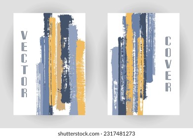 Couple of cover pages with vertical brushstroke stripes pattern. Brochure template design. Vector minimal vertical paintbrush backgrounds. Paint stripes cover layouts. Trendy booklet templates.