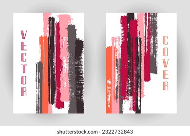 Couple of cover pages with vertical brushstroke stripes pattern. Brochure template design. Vector hipster vertical paintbrush backgrounds. Paint stripes cover layouts. Decorative booklet templates.