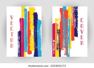 Couple of cover pages with vertical brushstroke stripes pattern. Banner template design. Vector hipster vertical paintbrush backgrounds. Paint stripes cover layouts. Trendy booklet templates.