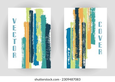 Couple of cover pages with vertical paintbrush stripes pattern. Brochure template design. Vector simple vertical paintbrush backgrounds. Paint stripes cover layouts. Advertising corporate banners