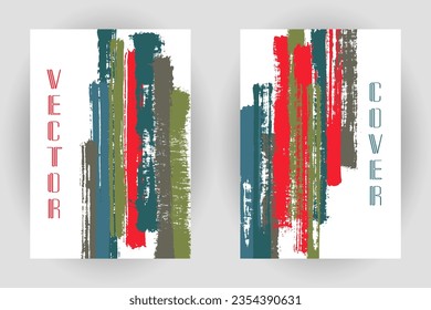 Couple of cover pages with vertical paintbrush stripes pattern. Poster template design. Vector creative vertical brushstroke backgrounds. Paint stripes cover layouts. Advertising corporate banners