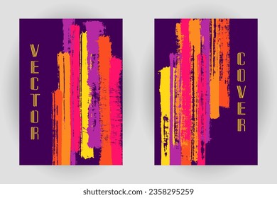 Couple of cover pages with vertical paintbrush stripes pattern. Banner template design. Vector hipster vertical paintbrush backgrounds. Diary notebook cover layouts. Trendy booklet templates.