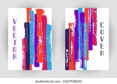 Couple of cover pages with vertical paintbrush stripes pattern. Banner template design. Vector simple vertical paintbrush backgrounds. Ink stripes cover layouts. Trendy booklet templates.