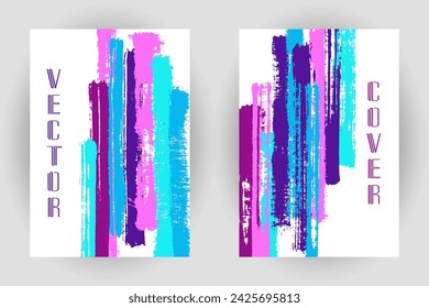 Un par de portadas con patrón de rayas de pincel vertical. Diseño de plantilla de folleto. Fondos de pinceladas de pintura de colores vectoriales. Diseños de cubiertas de rayas de pintura. Plantillas de negocio Grunge.