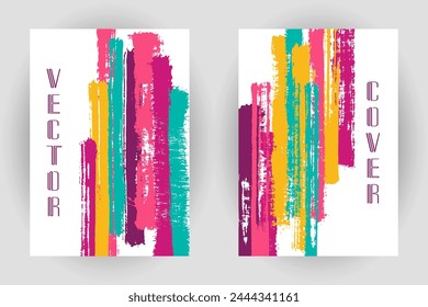 Couple of cover pages with vertical paintbrush stripes pattern. Banner template design. Vector modern vertical brushstroke backgrounds. Paint stripes cover layouts. Minimalist templates.