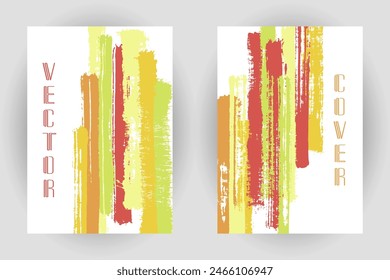 Couple of cover pages with vertical paintbrush stripes pattern. Brochure template design. Vector minimal vertical paintbrush backgrounds. Ink stripes cover layouts. Trendy booklet templates.