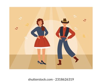 Una pareja con vaqueros y vaqueros disfrazados en un bar con sus sombreros y botas mientras bailan música y luces. Ilustración plana