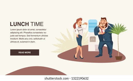 Couple of Coworker Eat Pizza at Office Lunch Break. Colleague with Junkfood near Water Cooler. Happy Woman Stand, Bite Slice. Man in Suit Smell Food. Cartoon Flat Vector Illustration
