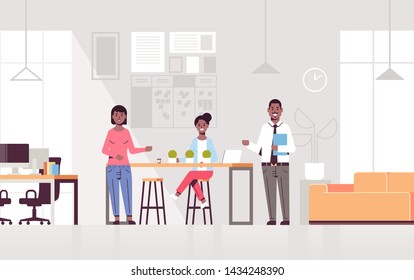 couple coworkers pointing at new female employee introducing hired worker to the team concept modern co-working center office interior flat full length horizontal