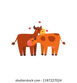 Couple of cows in love embracing each other, two happy domestic aniimals hugging vector Illustration on a white background