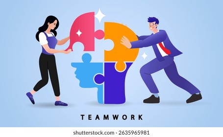 Couple creates ideas with light bulb and jigsaws. Joining forces. creative teamwork. big idea business inspiration problem solution concept. innovation outline vector illustration.