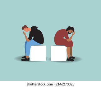 Couple crisis. Flat vector stock illustration. People sit with their backs. Divorce or breakup. Man and woman are unhappy
