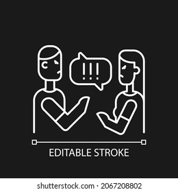 Couple criticizing each other white linear icon for dark theme. People quarreling. Open criticism. Thin line customizable illustration. Isolated vector contour symbol for night mode. Editable stroke