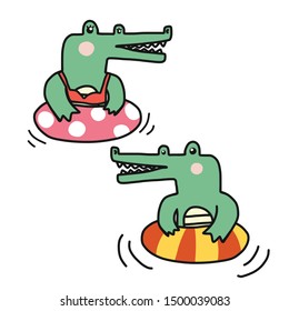 Couple crocodile swimming cartoon vector illustration doodle style