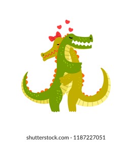 Couple of crocodiles in love embracing each other, two happy wild aniimals hugging vector Illustration on a white background