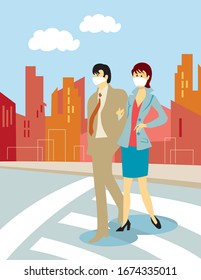 A couple crossing the street wearing protective masks against disease and coronavirus