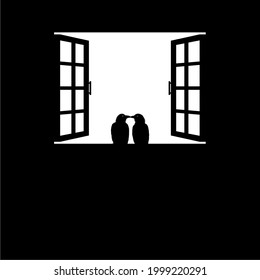 Couple Crow on the Window Silhouette Illustration. Creepy, Horror, Scary, Mystery, or Crime Illustration. Illustration for Horror Movie or Halloween Poster Design Element