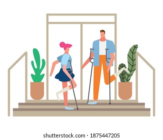 couple with crutches disable characters vector illustration design