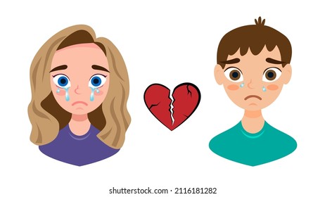 A Couple Crying Due To A Broken Heart On White Background. Trouble Relationship Concept.