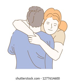 Couple cuddling isolated woman and man hand drawn vector beloved male and female girlfriend and boyfriend on date loving each other family of wife and husband amorousness and fondness and.