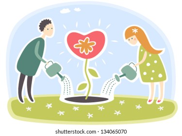 Couple cultivating heart-shaped flower of love