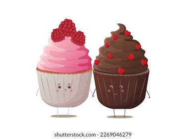 A couple of cupcakes with kawaii eyes. Pink cupcakes with raspberries. Chocolate cupcakes with hearts. Sweet food. Cute cupcakes. Delicious dessert. Dessert vector illustration design