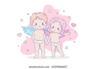 Couple of cupid babies. Funny chibi children with wings, hearts and stars. Angel kids vector illustration with white isolated background. Valentine's day or Wedding, birthday celebration concept.
