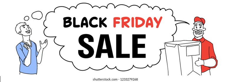 couple customer with delivery man deliver hold box chat bubble cloud black friday concept courier service sketch doodle horizontal vector illustration