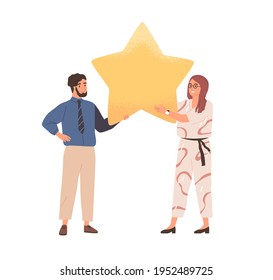 Couple of customers giving feedback and review of products and services. Clients rating app or website with star. Online assessment concept. Colored flat graphic vector illustration isolated on white