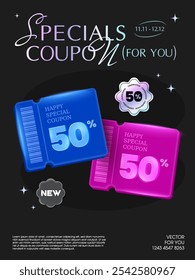 Couple of cute 3d coupons with bar code in blue and pink, percent price off as discount, isolated on dark background. 3d gift voucher for promotion poster. 3d vector coupon