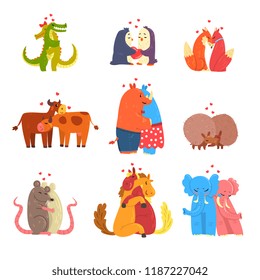 Couple of cute animals in love embracing each other, happy wild and domestic animals hugging vector Illustration on a white background