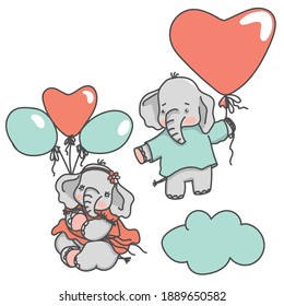 Couple of cute baby elephants floating with balloons, vector illustration.