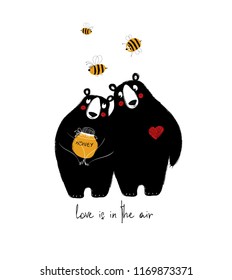 Couple of cute bears with honey and flying bees. Love greeting card.