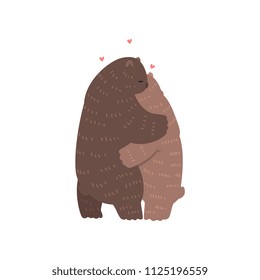 Couple of cute bears in love embracing each other, two happy aniimals hugging with hearts over their head vector Illustration on a white background