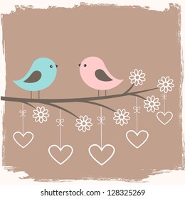 Couple of cute birds. Card for Valentine day in retro style