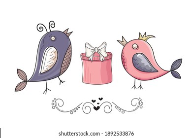 Couple of cute birds and greeting envelope with heart. Valentine's Day. Valentines day greeting card. Colorful design background with objects and symbols. Holidays invitation card, poster, banner.