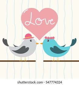 Couple of cute birds with love heart. Card for Valentine day and wedding.