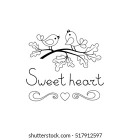 A couple of cute birds on the oak branch. Black and white contour vector illustration in hand drawing style.